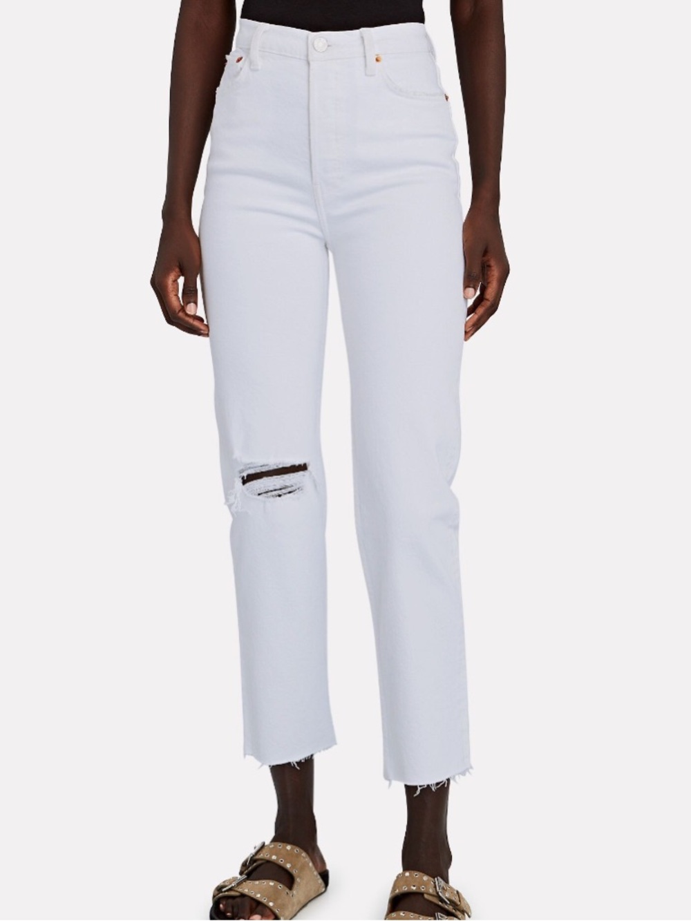 Re/Done White High-Rise Flare Jeans with Knee Distress